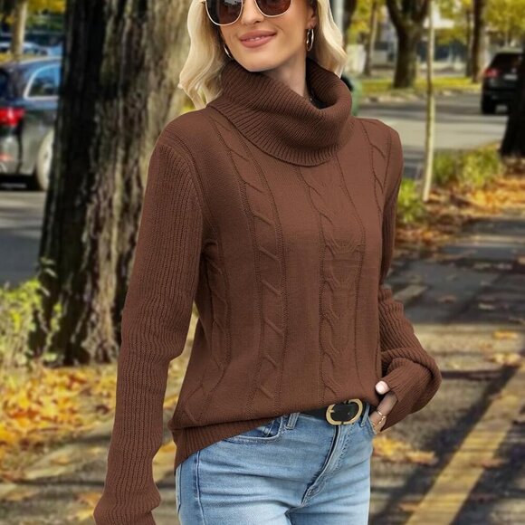 Elegant Women's Cable Knit Turtleneck Sweater - Cozy Brown Pullover for Winter - Picture 4 of 6